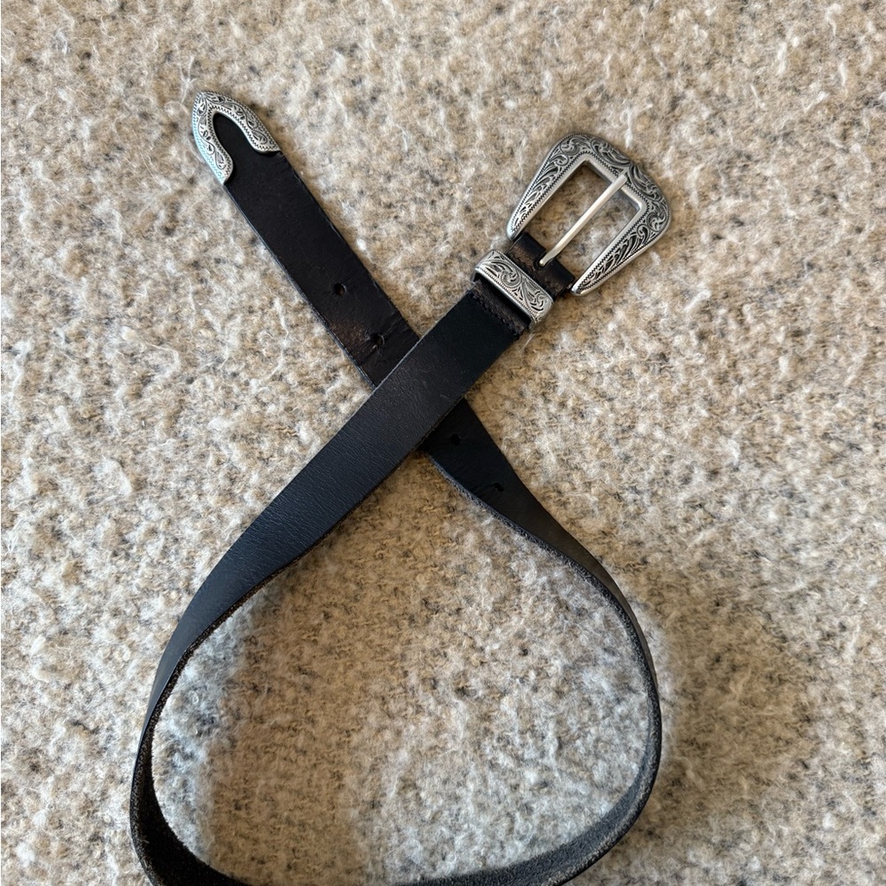 Women’s Black Leather Belt with Silver Buckle